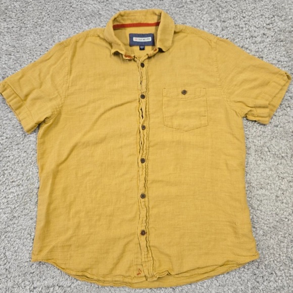 32 Bar Blues‎ Shirt Men Large Yellow Short Sleeve Cotton Button Front Resort - Picture 2 of 12